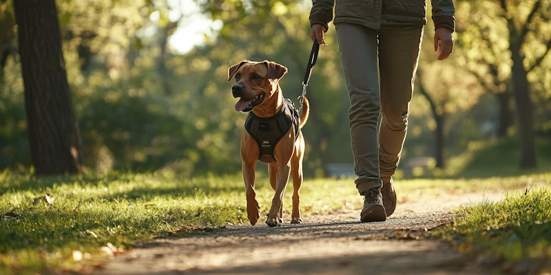 Collar Vs. Harness: Dog with a harness walking in the park