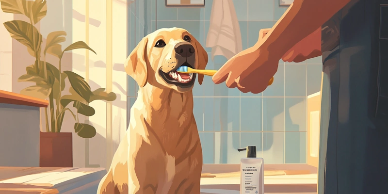 Owner brushing dog's teeth to prevent bad breath