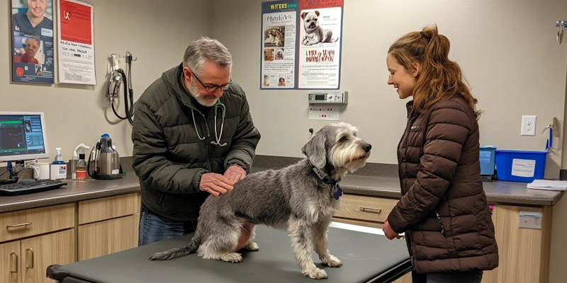 an elderly dog visiting a vet during winter season