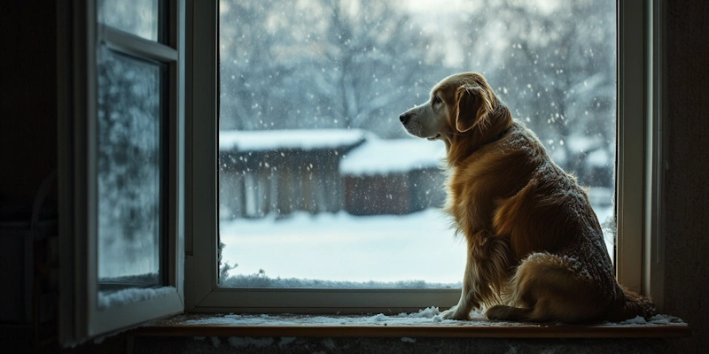 Winter care for an elderly dog: elderly dog sitting inside an apartment. 