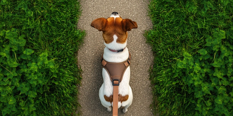 Front-clip and back-clip harness: Dog wearing a back-clipped harness